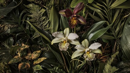Close-up of white and purple orchids with green leaves in a tropical forest setting.