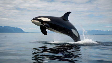 An orc whale is leaping out of the water in mid-air ai