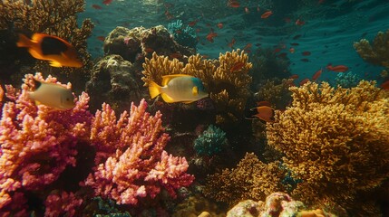 Obraz premium Colorful fish swim amidst vibrant coral reefs in a clear blue ocean.