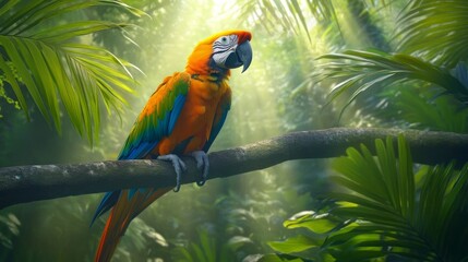 A Vibrant Macaw Perched on a Branch in a Lush Jungle Landscape with Soft Sunlight Filtering Through the Foliage