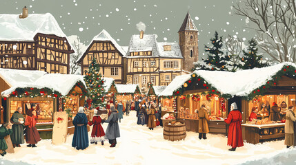 Fototapeta premium Christmas market in a medieval european town. Medieval Artisan Market. Illustration