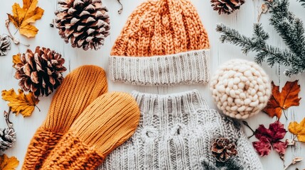 Cozy Winter Knits with Pine Cones and Autumn Leaves on White Wood
