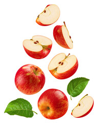 Apples isolated set. Collection of red apples, apple slices and halves on transparent background.