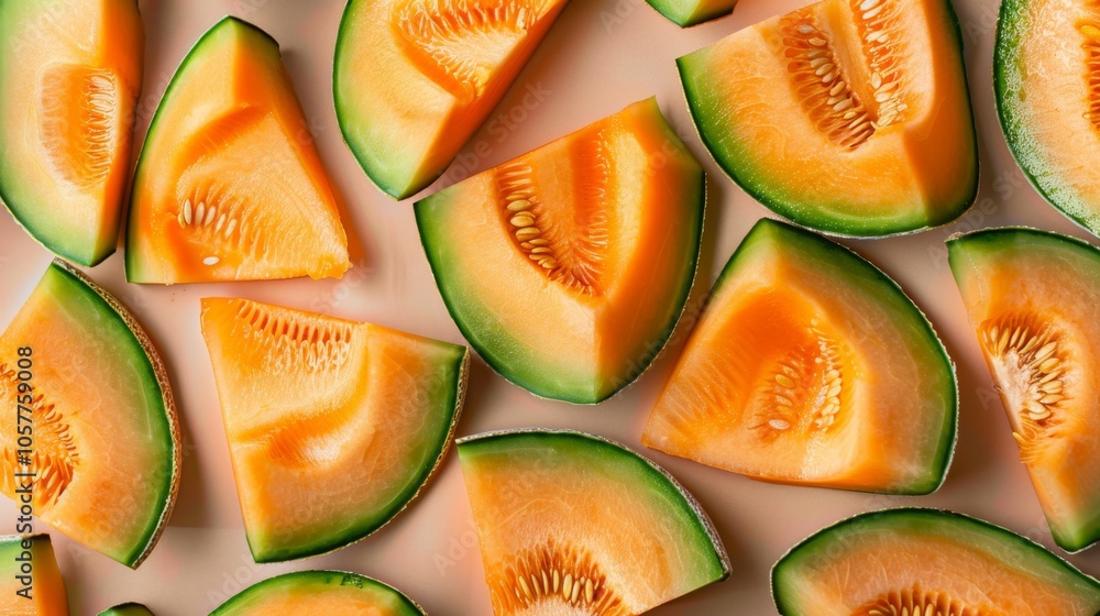 Poster fresh cantaloupe slices arranged in a neat pattern, showcasing their vibrant orange flesh and green 