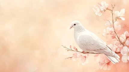 Obraz premium White dove with a branch in soft watercolor style, isolated on a pale peach background, with pastel-toned blooms
