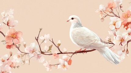 White dove with a branch in soft watercolor style, isolated on a pale peach background, with pastel-toned blooms