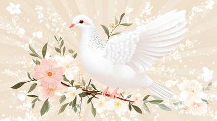 White dove with olive branch in its beak, isolated on a soft beige background, with delicate rays of light and pastel flowers