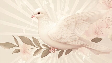 White dove with olive branch in its beak, isolated on a soft beige background, with delicate rays of light and pastel flowers