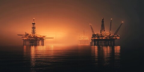 Obraz premium Oil Rigs at Sunset in a Hazy Sea