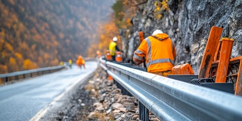 Roadside Safety - Workers Installing Guardrail Against a Mountainous Background in Fall Colors