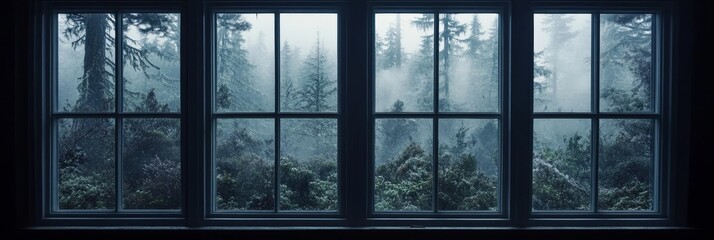 Fototapeta premium Snowy Forest Through a Window Pane A Misty Winter Landscape in Five Frames