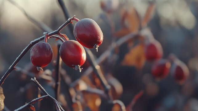 Frost covered red berries on bare branches in a cold autumn or winter setting with soft natural sunlight - Powered by Adobe