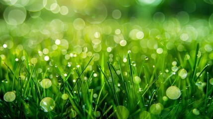 Fototapeta premium Fresh morning dew droplets glistening on green spring grass