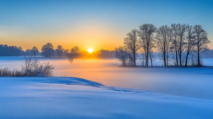 Winter Sunrise with Silhouetted Trees and Foggy Field