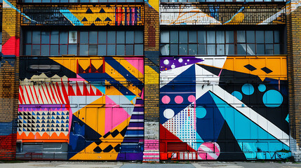 A Dynamic Street Art Piece on an Old Warehouse Featuring Bold Colors and Intricate Designs,...