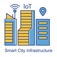 Smart City Infrastructure Icon – City Skyline with IoT Symbols, Representing Integrated City Systems