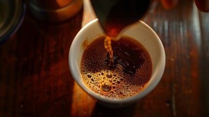 Freshly brewed coffee being poured into a white mug, top view, warm lighting, minimalistic setting