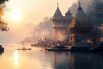 Fototapeta premium A Hindu temple at sunrise, with people performing their morning rituals along the riverbank.
