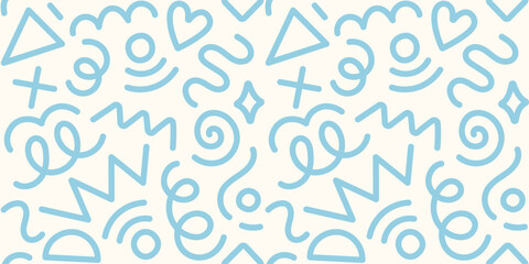 Memphis fun geometric seamless pattern. Cool abstract background, retro 80s, 90s style with basic shapes: star, triangle, circle, semicircle, heart, zigzag, spiral, wavy lines. Cute kid doodle design.