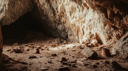 Inside a cave with ancient pottery and a light shining from the entrance.