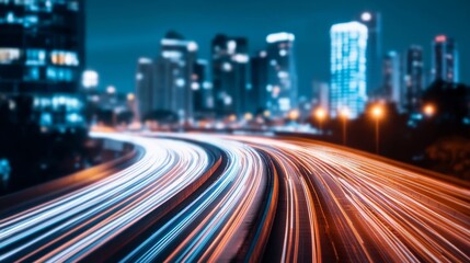 Fototapeta premium Cityscape at night, glowing data lines, smart city, urban palette 