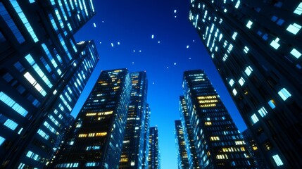 Cityscape at night, glowing data lines, smart city, urban palette 