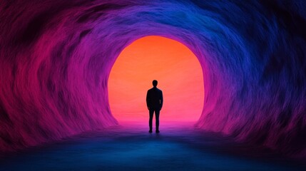 Emerging from cave into vibrant world symbolizes growth; bold colors 