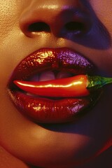 Obraz premium Spicy Red Concept: Chili Pepper on Glossy Lips for Bold Design and Food Advertising
