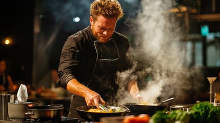 Celebrity chefs on cooking shows chat with viewers as they prepare their signature dishes, highlighting the entertainment aspect of the culinary world.