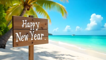 Wooden "Happy New Year" sign on tropical beach, surrounded by bright blue sky and ocean.