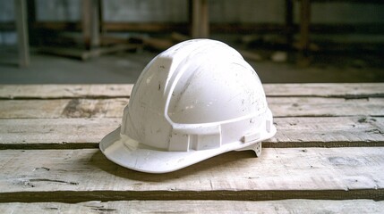 White Safety Helmet on Scaffold Beam Highlighting Importance of Protection in Elevated Work Environments