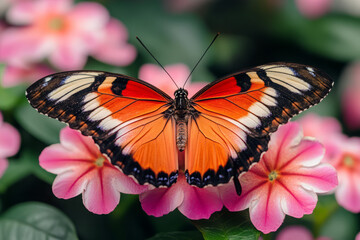 Obraz premium an enchanting orange butterfly resting on pink flowers in a vibrant garden setting