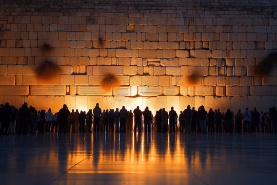 The Western Wall in Jerusalem at dawn, with worshipers praying peacefully in the early morning light.