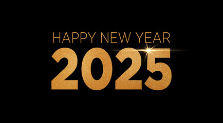 Happy New Year 2025 golden text on black background, greeting card. Luxury 2025 year