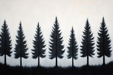 Forest silhouettes oil painting with brush textures and pattern murals; earthy palette 