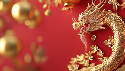 Obraz premium Golden dragon and decorative lanterns create vibrant atmosphere for Chinese New Year celebration
