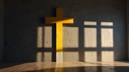 Naklejka premium Yellow cross in the church at gray wall, with light from window cinematic