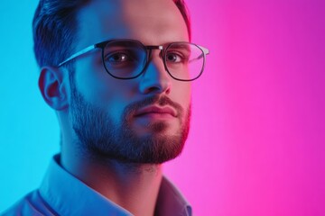 Futuristic Office Setting: Digital marketing strategist using holographic tools Palette: neon 