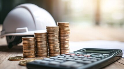 White Safety Helmet Beside Coins and Calculator Illustrating Financial Planning and Risk Management Concepts