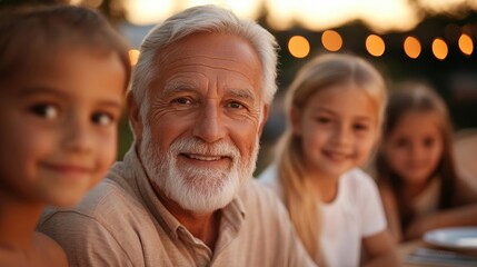 Fototapeta premium Grandfather Enjoying Outdoors with Grandchildren at Garden Party; use warm palette 