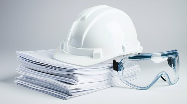 White Safety Helmet Positioned on a Stack of Safety Manuals in a Professional Setting