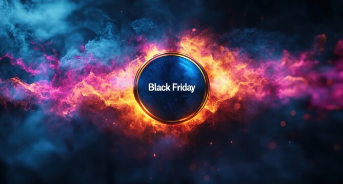 Black Friday logo encircled by vibrant colorful flames and smoke