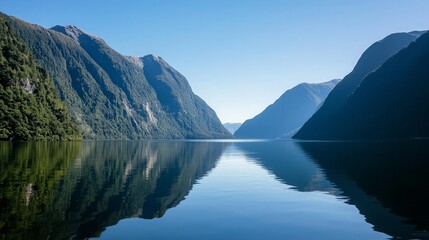 Serene mountain lake with reflections on the water.