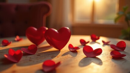 Red hearts scattered on a wooden table during sunset, creating a romantic atmosphere in a cozy indoor setting