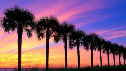 Obraz premium Silhouettes of palm trees against a vibrant sunset sky.