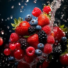 vibrant berry medley cascading in slow motion macro details of juice droplets sunkissed fruits organic textures crisp focus on falling berries
