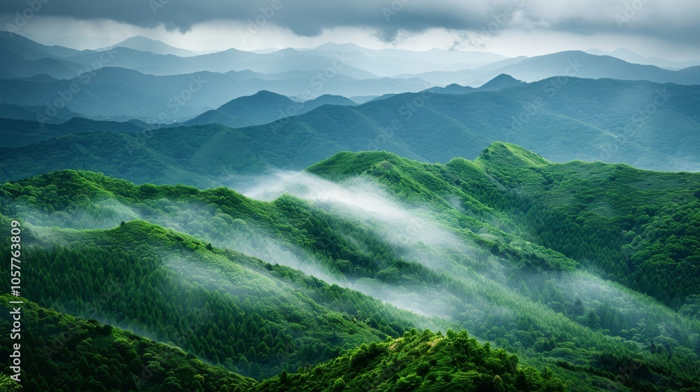 Poster green mountains with low-hanging clouds in a tranquil scene
