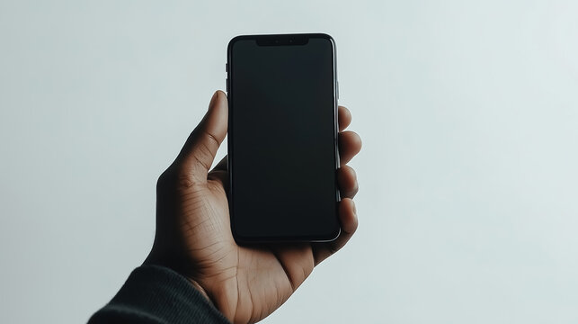 A hand securely holding a modern black phone 