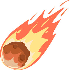 Burning meteorite falling through space with cratered surface, flames, and fiery trail. Minimalism, simple and colorful cartoon style. Design of flat, isolated icon, no background.