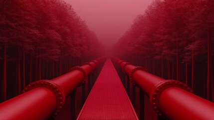 Red firefighting pipeline system evokes danger; palette: red, cautionary hues 